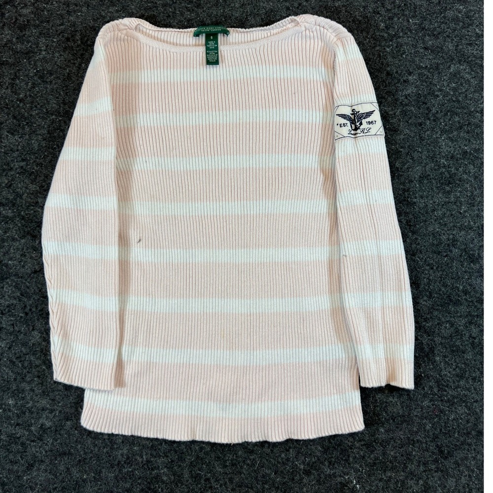 VTG Lauren Ralph Lauren Sweater Womens Small Pink Striped Ribbed Knit Cozy Y2K